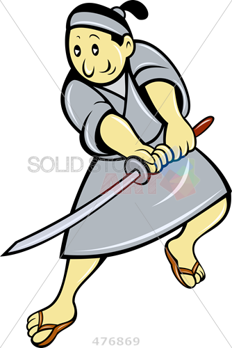 Stock Illustration Of Cartoon Samurai With Grey Outfit - Samurai Sword Swinging (334x500), Png Download
