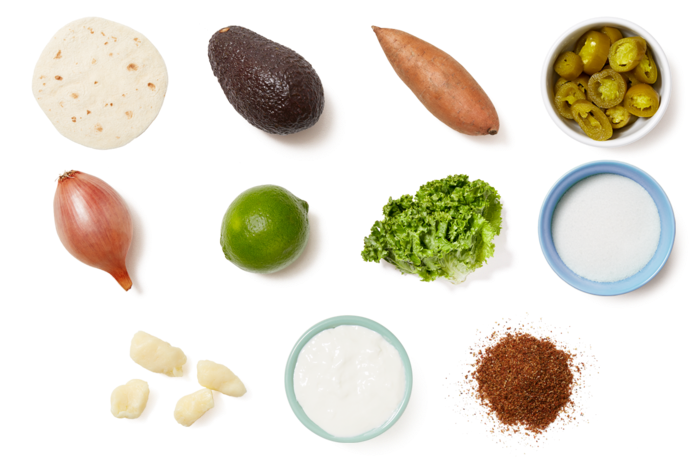 Roasted Sweet Potato Quesadillas With Avocado Crema - Tostada (700x477), Png Download