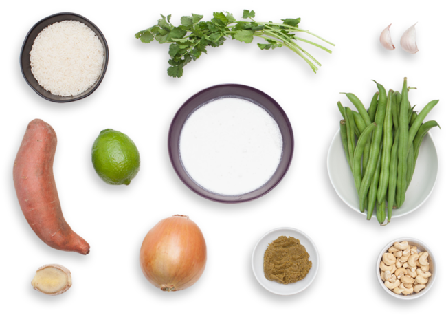 Thai Green Coconut Curry With Sweet Potato, Green Beans - Green Curry Ingredients (700x477), Png Download