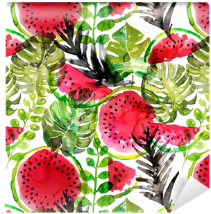 Tropical Watermelon And Palm Leaves Seamless Pattern - Aquarellpalmblattwassermelone-hochzeitsmonogramm 6 (400x400), Png Download