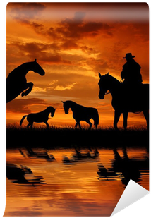 Silhouette Cowboy With Horses In The Sunset Wall Mural - Horse (400x400), Png Download