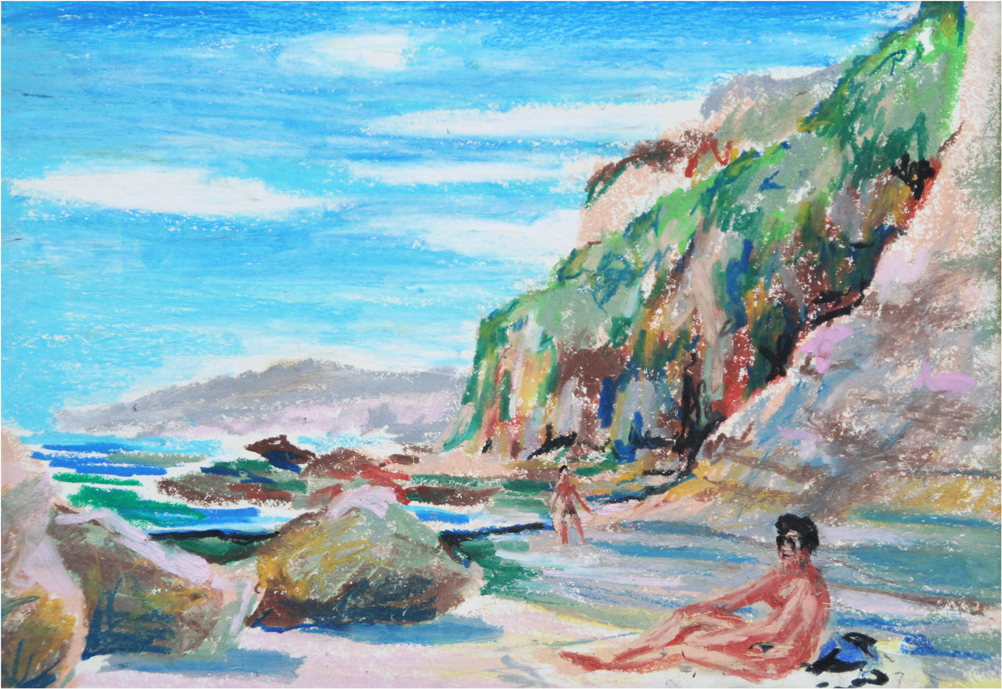 Vintage Pastel Drawing Of Secluded Beach - Drawing (3714x2553), Png Download