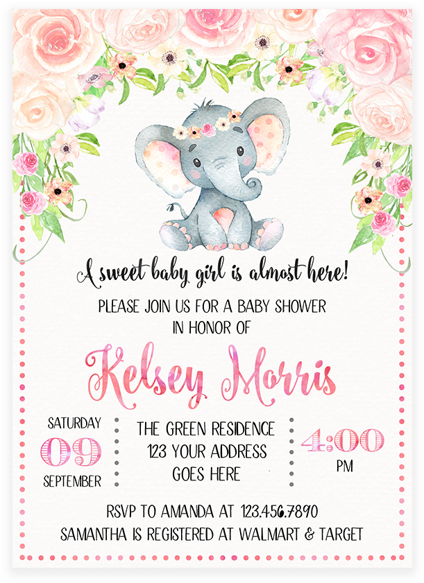 Blush Pink Floral Elephant Baby Shower Invitation Printable - Watercolor Elephant Baby Png (819x1024), Png Download