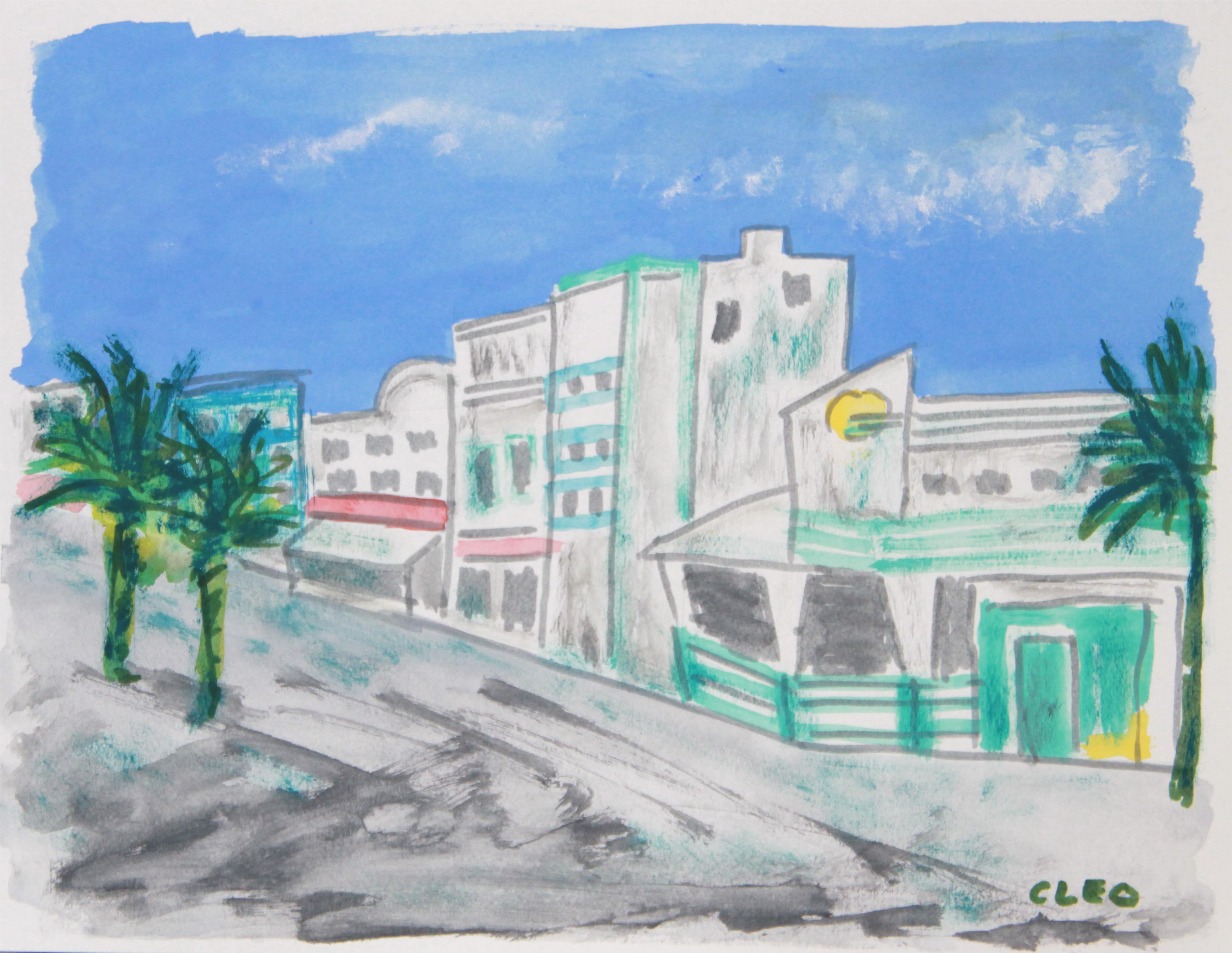Miami Beach Landscape Art Deco City Painting By Cleo - Painting (3887x3006), Png Download