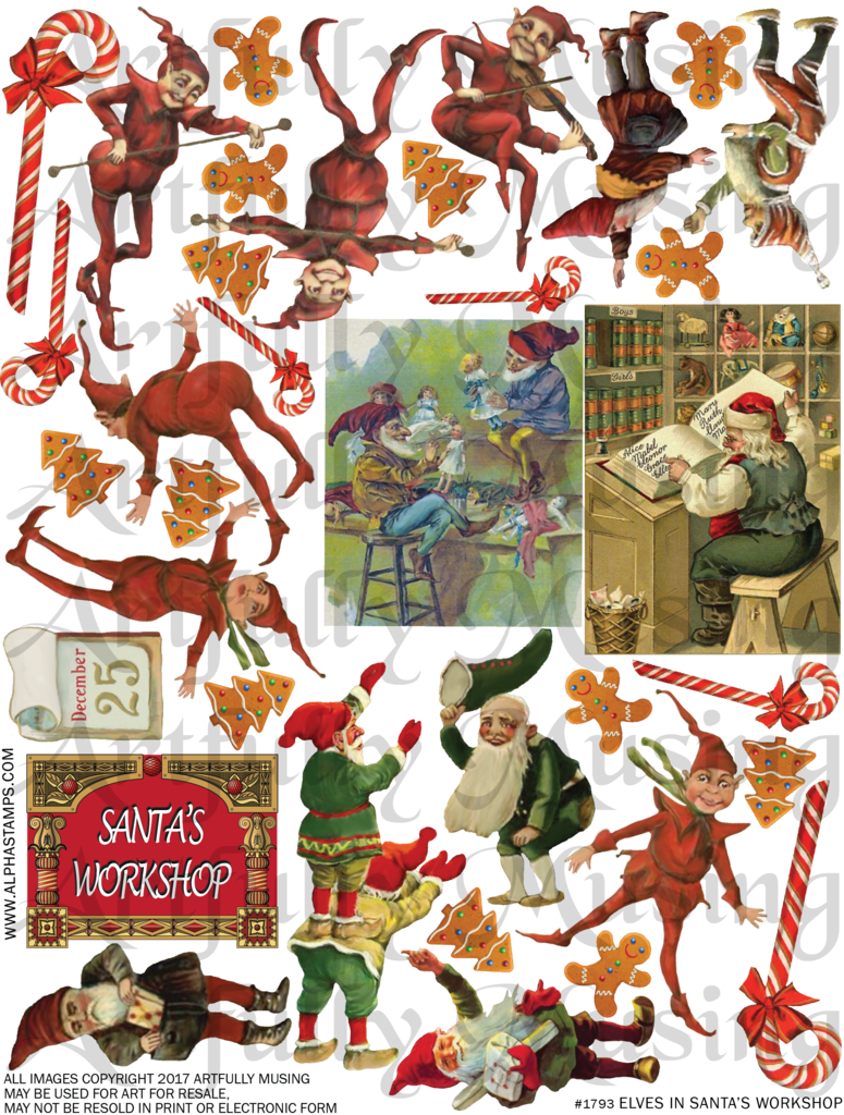 This Collage Sheet Contains Lots Of Elves, Santa In - Vintage Santas List Christmas Card Karte (775x1024), Png Download