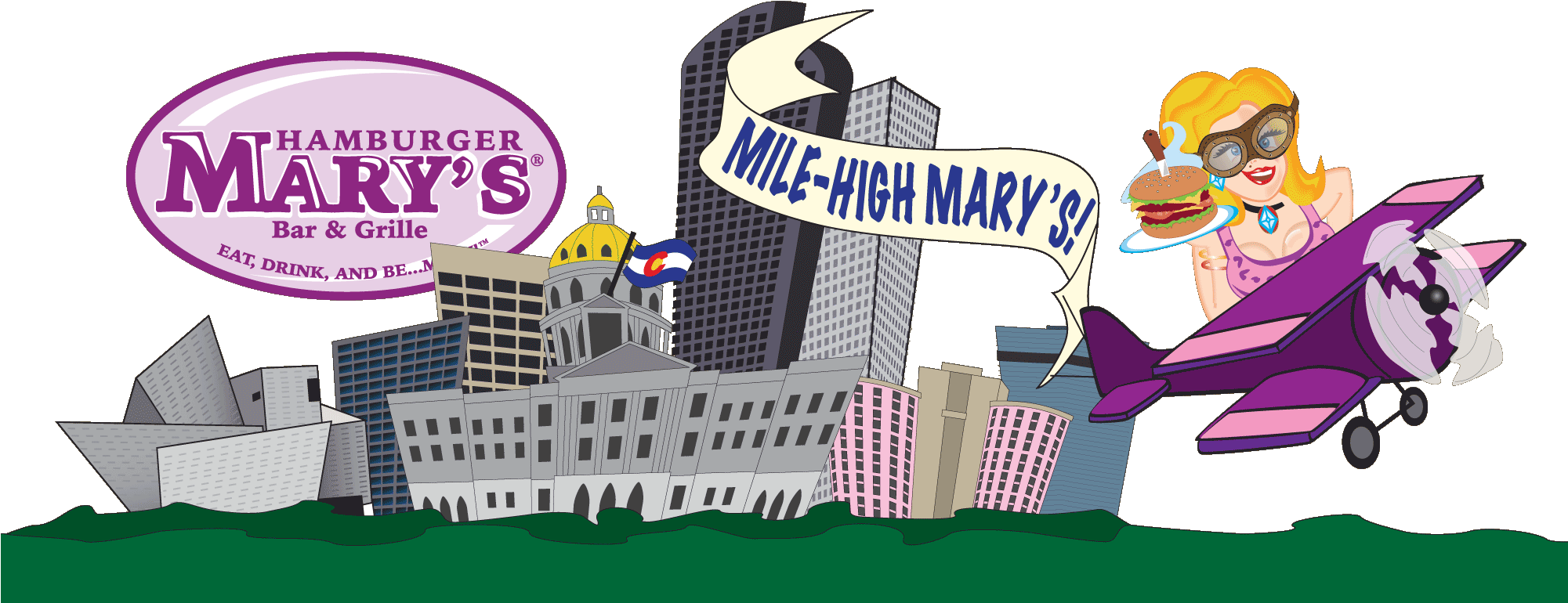 Hamburger Marys Denver Skyline - Mile High Hamburger Mary's (2000x900), Png Download