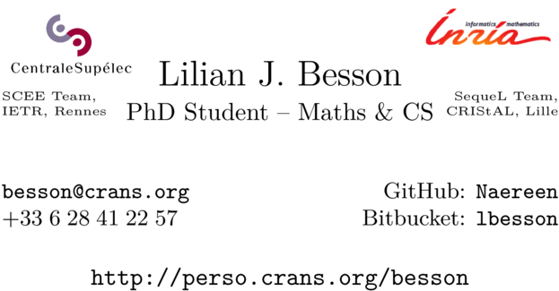 Lilian Besson's Business Card In Latex - French Institute For Research In Computer Science (700x400), Png Download