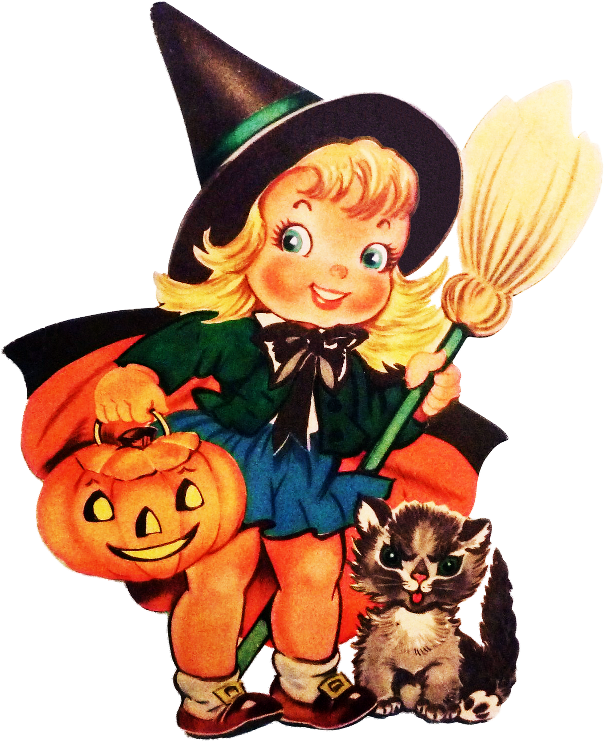 Witch Girl With Cat - Halloween Vintage Card Cute (1329x1600), Png Download