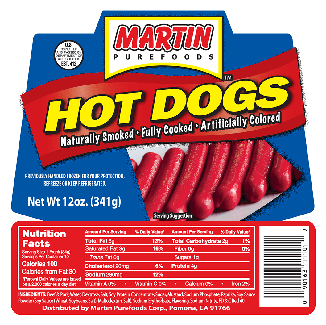 Beef & Pork Hot Dogs 12 Oz - Martin Purefoods Beef & Pork Hotdogs (1182x1116), Png Download