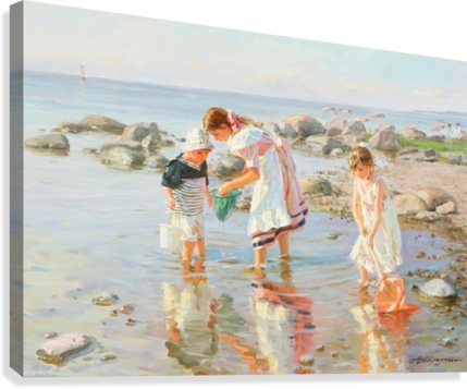 Three Children Playing Canvas Print - Collecting Sea Shells Paintings (429x357), Png Download