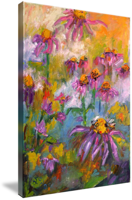 Purple Bees Oil Painting By Ginette Callaway - Purple Cornflower Acrylic Painting (430x650), Png Download