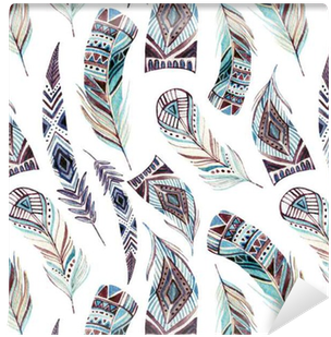 Watercolor Decorated Tribal Feathers Seamless Pattern - Watercolor Tribal Feathers Background (400x400), Png Download
