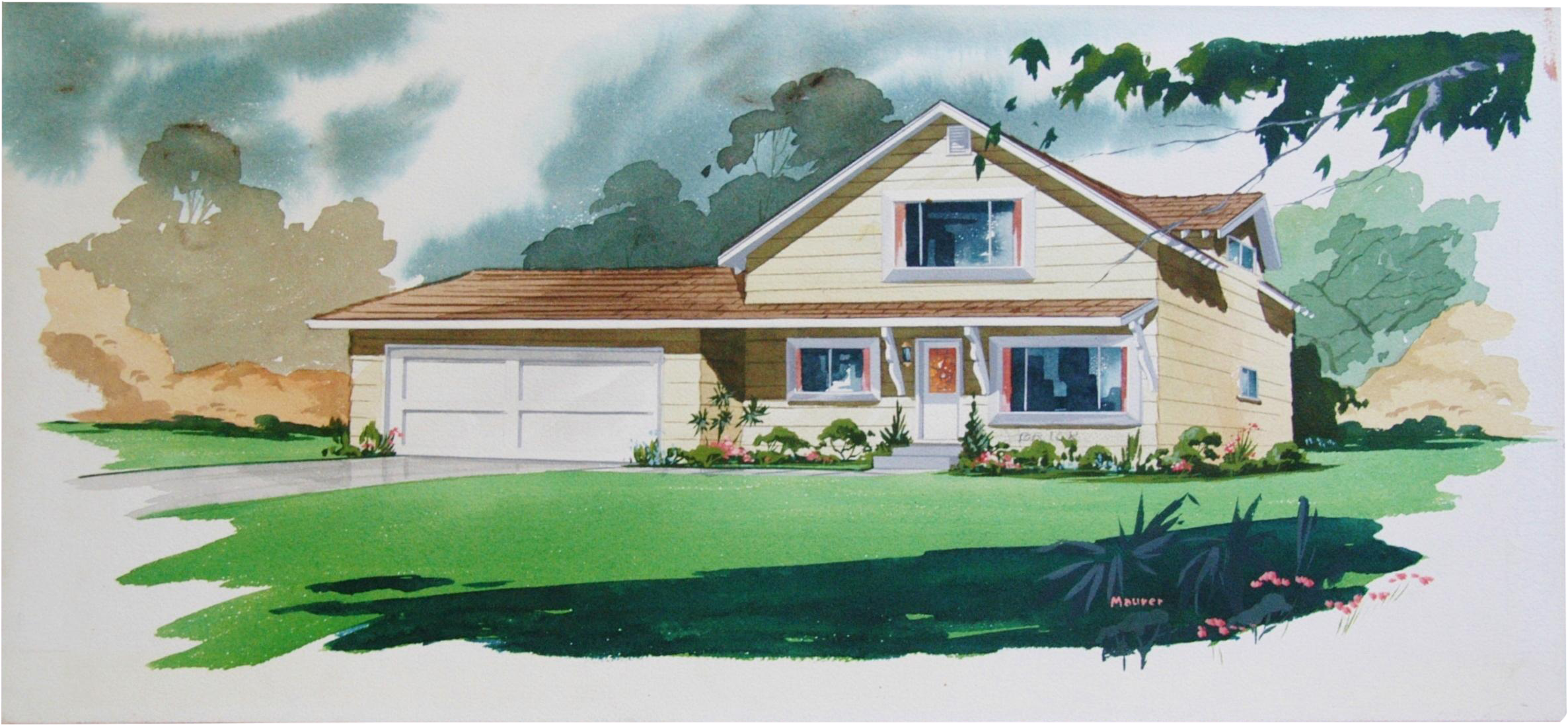 Cottage Drawing Watercolor - Painting (2476x1168), Png Download