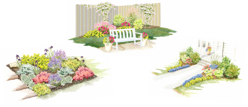 Three Garden Images In Watercolor With Colorful Flowering - Watercolor Painting (858x370), Png Download
