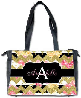 Chic Gold Chevron Monogram Diaper Bag Customizable - Peach Floral Monogram Beach Towel (350x350), Png Download