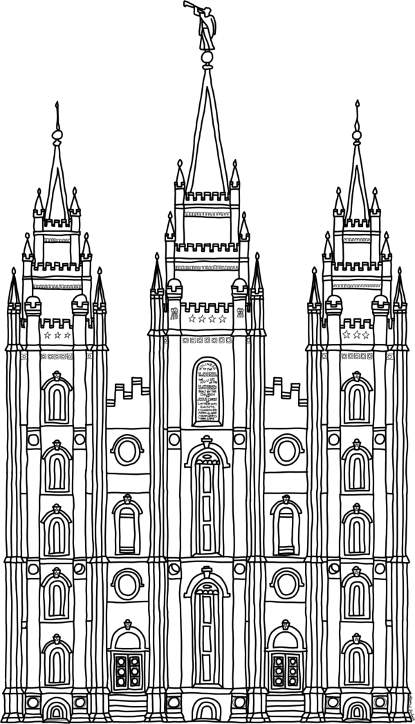 Temple Clipart Outline - Lds Temple Black And White Clipart (600x1046), Png Download