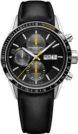 Stainless Steel, Black Leather Strap, Black Dial, Tachymeter - Raymond Weil Chronograph (340x486), Png Download