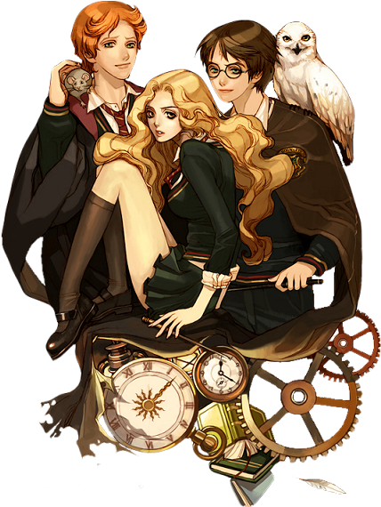 Harry Potter, Hermione Granger Et Ron Weasley - Hermione Granger Y Harry Potter Anime (440x597), Png Download