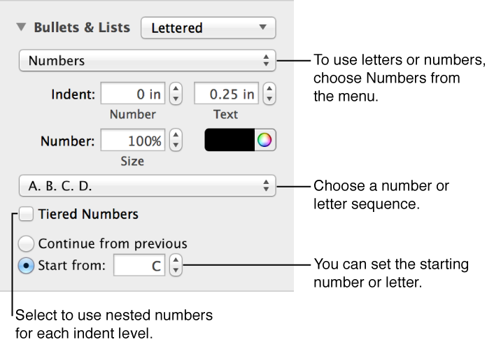 Controls To Format Numbers And Letters In Lists - Viñetas En Pages (696x486), Png Download