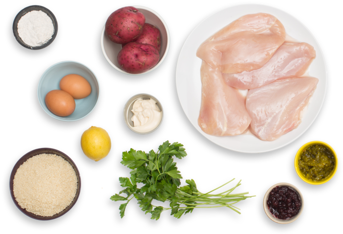 Chicken Schnitzel With Creamy Potato Salad & Lingonberry - Chicken Meat (700x477), Png Download