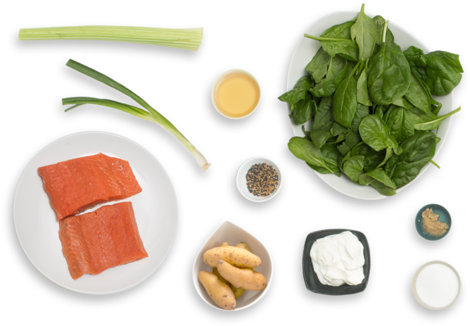 Seared Salmon & "green" Potato Salad With Pickled Mustard - Gnocchi (700x477), Png Download