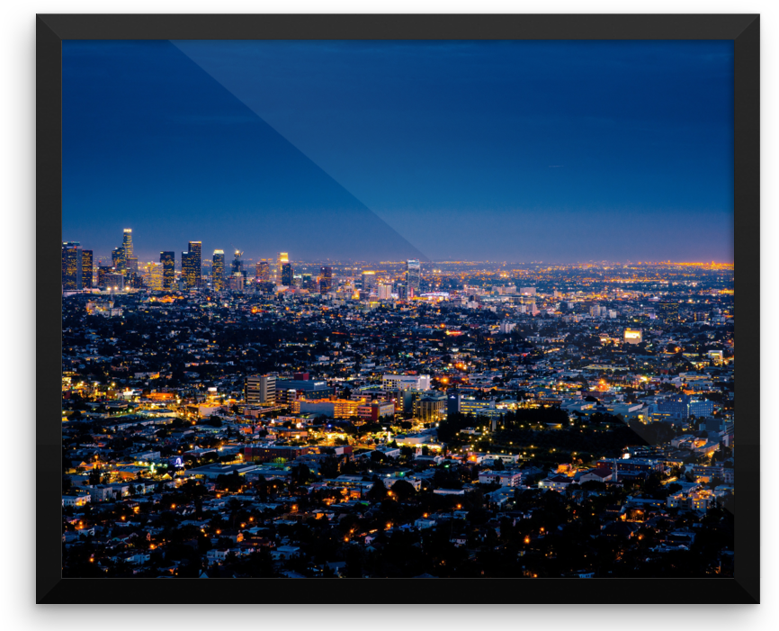 Wall Art / Los Angeles Downtown Skyline At Night - Time In Los Angeles California Now (880x725), Png Download