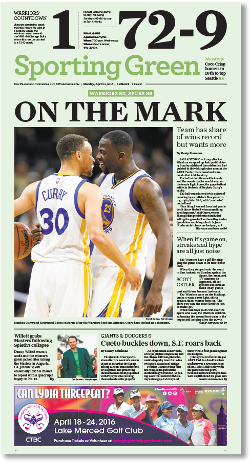 Golden State Warriors "on The Mark" 72 Wins Cover Print - Newspaper (804x1058), Png Download