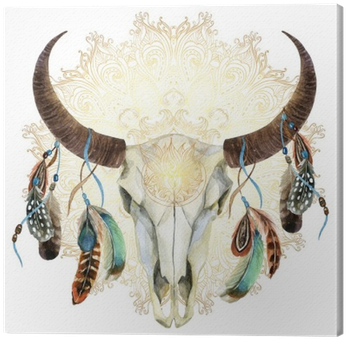 Watercolor Cow Skull With Feathers Canvas Print • Pixers® - Steer Skull With Feathers (400x400), Png Download