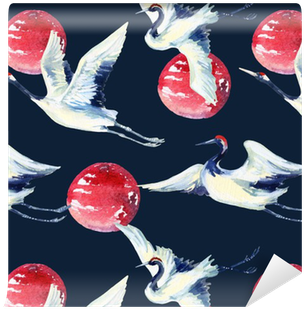 Watercolor Asian Crane Bird Seamless Pattern Wallpaper - Watercolor Painting (400x400), Png Download