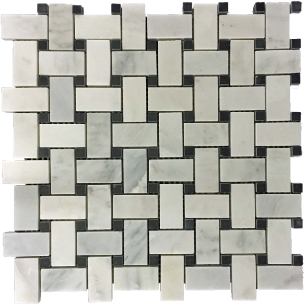 Pearl White Basketweave With Black Dot Mosaic Honed - Carrara White Italian (bianco Carrara) Marble Basketweave (640x649), Png Download