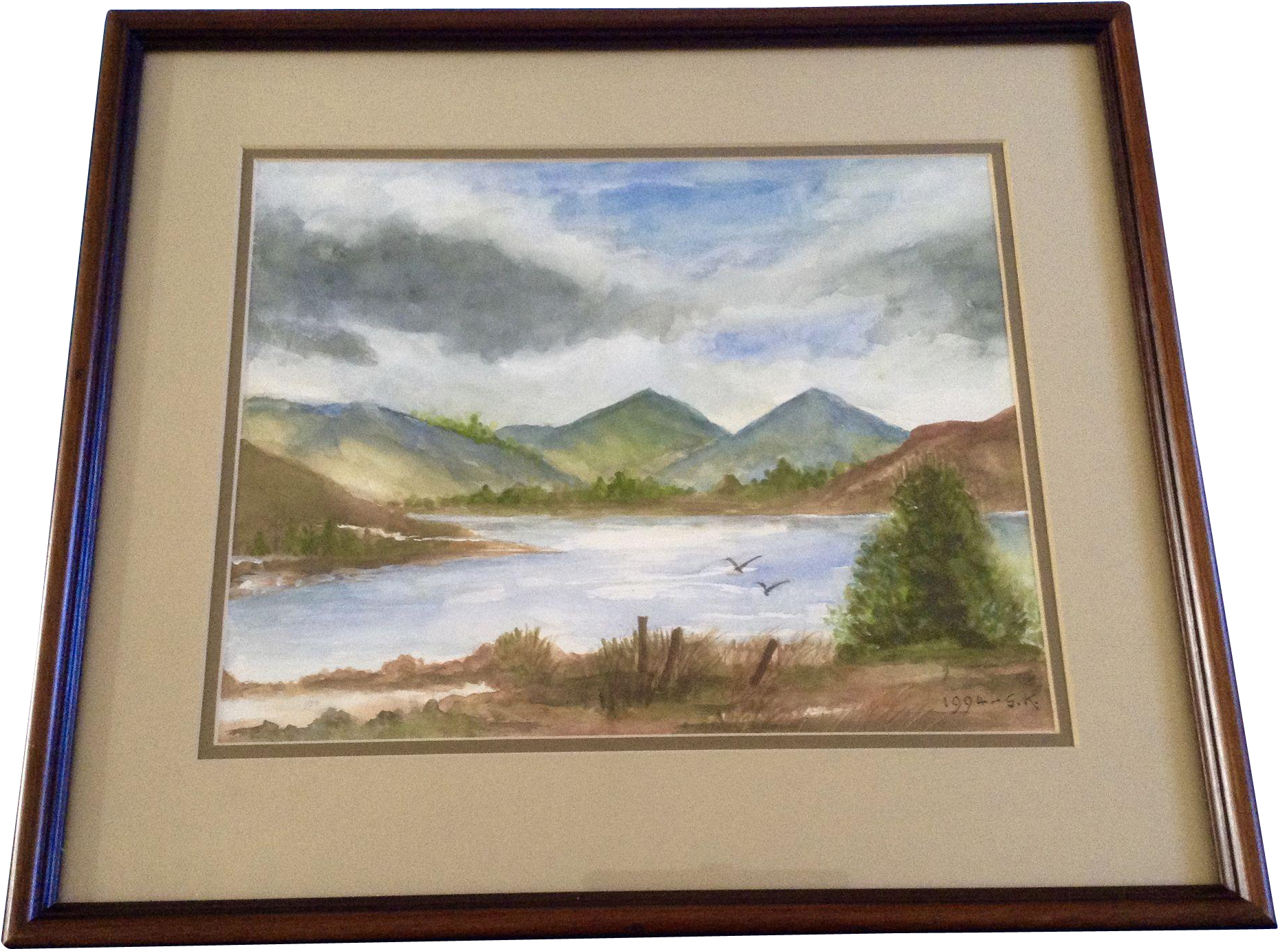 Scotland Lake With Birds Flying At Shoreline, Landscape - Watercolor Painting (1857x1857), Png Download