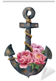 Watercolor Retro Anchor With Rope And Peony Flowers - Transparent Watercolor Rope (400x400), Png Download