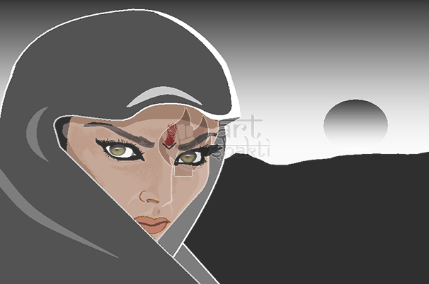 Beautiful Indian Woman Rajasthani B/w Background Sun - Illustration (606x402), Png Download