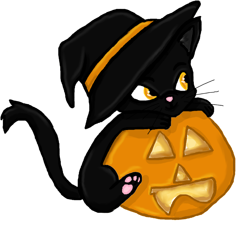 Cat Pumpkin - Cartoon Black Cat Halloween (1024x969), Png Download