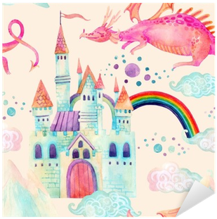 Watercolor Fairy Tale Seamless Pattern With Cute Dragon, - Fairy Watercolor (400x400), Png Download