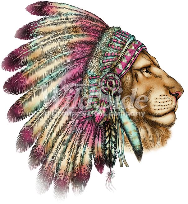 Lion Head In Indian Headdress - Tatuajes De Leon Con Plumas (675x675), Png Download