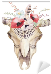 Watercolor Bohemian Cow Skull - Cow And Flowers (400x400), Png Download