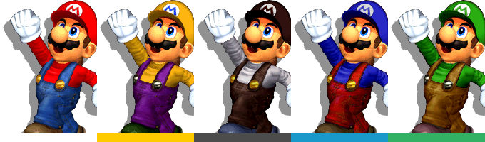 Mario Palette - Mario Super Smash Bros Melee Alternate Costumes (680x200), Png Download