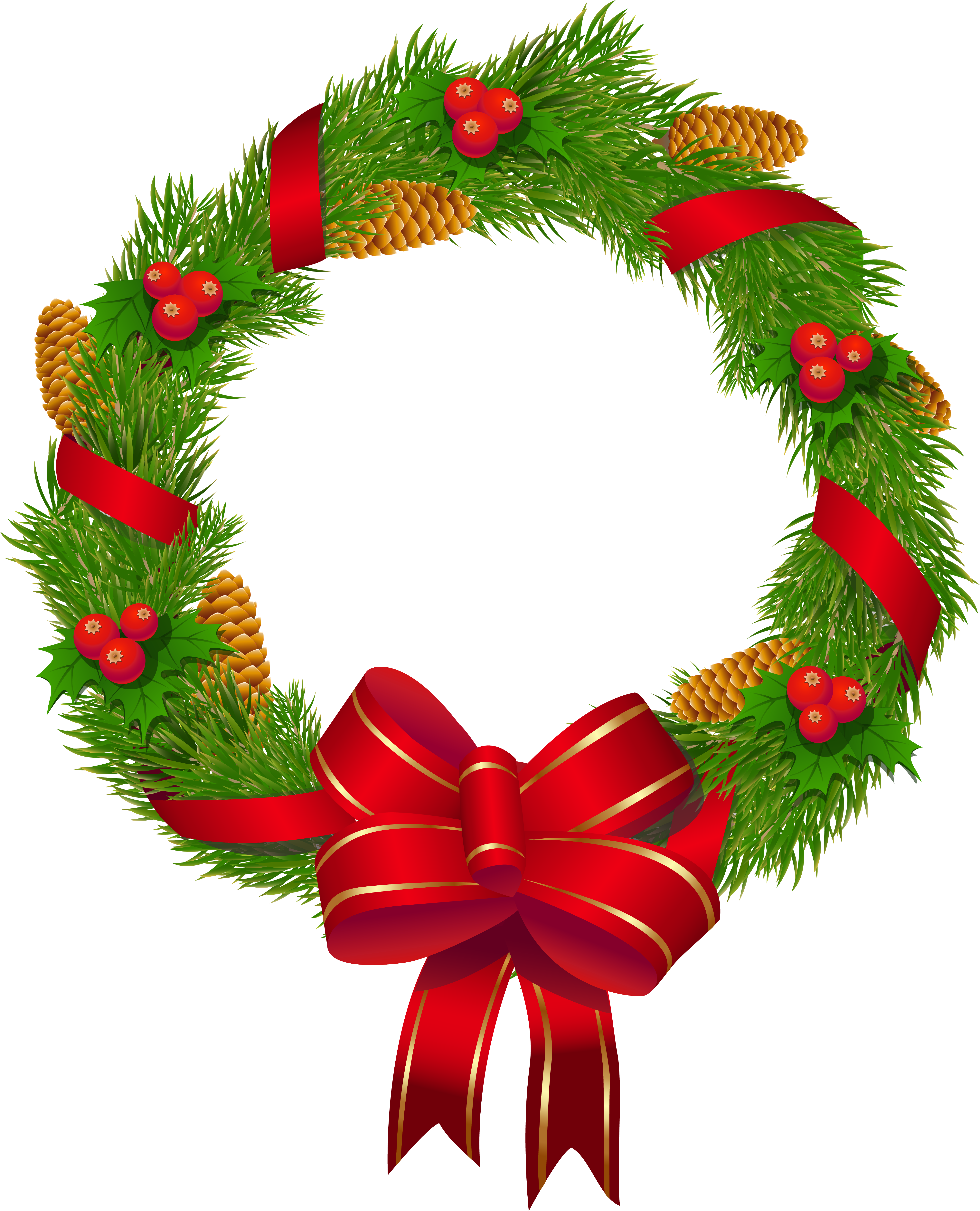 Christmas Wreath With Ornaments And Red Bow - Christmas Pine Cliparts (486x600), Png Download