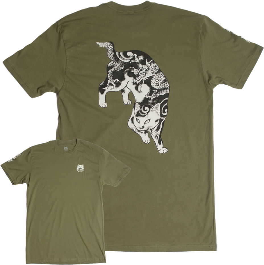 Army Green Dragon Cat Kanji Tee - Cat (1000x1000), Png Download