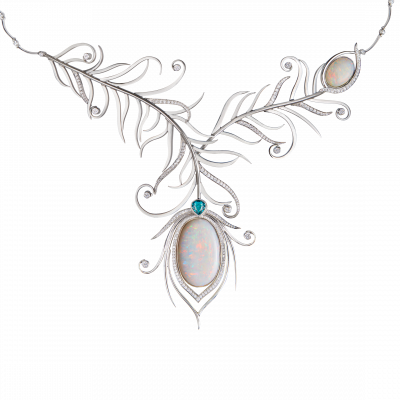 Peacock Feather Necklace With Opals Paraíba Tourmaline - Feather Necklace (400x400), Png Download