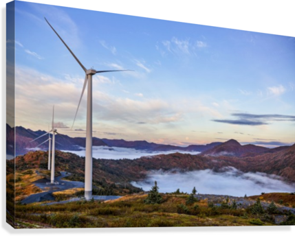 Wind Turbines With Low Fog Patches On Pillar Mountain, - Posterazzi Dpi12286492 Wind Turbines With Low Fog Patches (429x344), Png Download