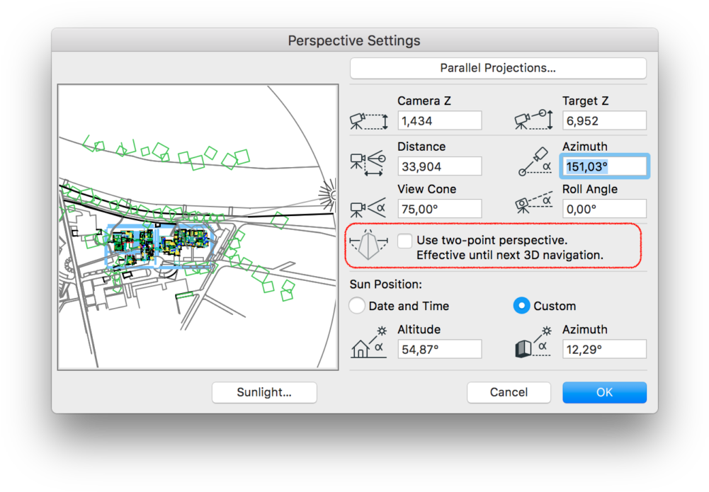 Two Point And Three Point Perspective - Perspective Settings Archicad (1024x712), Png Download