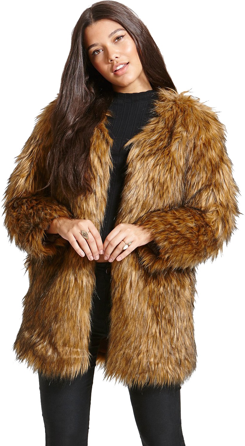 Faux Fur Coat - Brown Faux Fur Coat Womens (1000x1500), Png Download