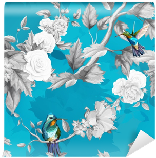 Humming Bird, Roses, Peony With Leaves On Vivid Blue - Euclidean Vector (400x400), Png Download