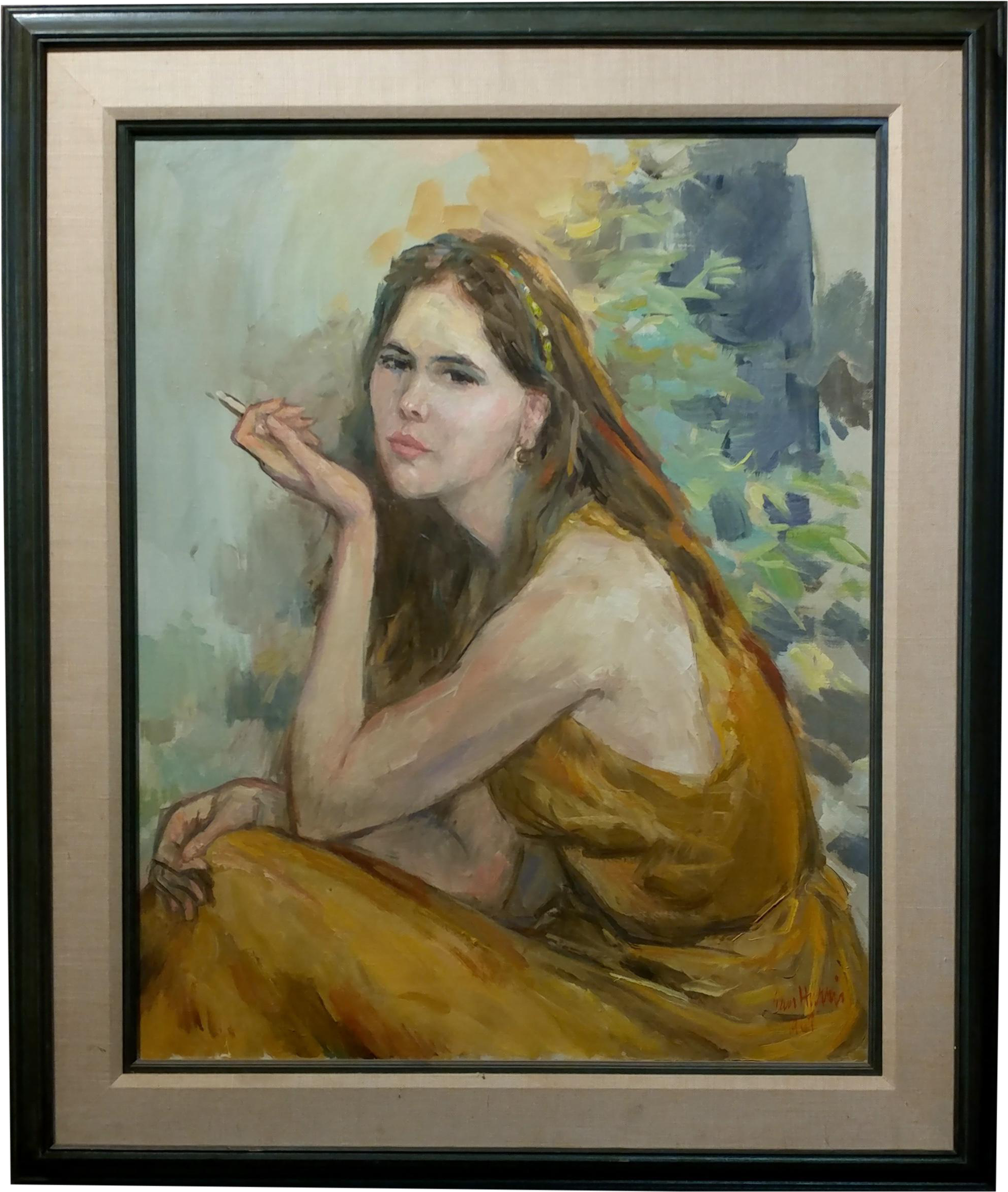Pretty Woman Holding A Cigarette Original 1967 Oil - Oil Painting (2213x2618), Png Download