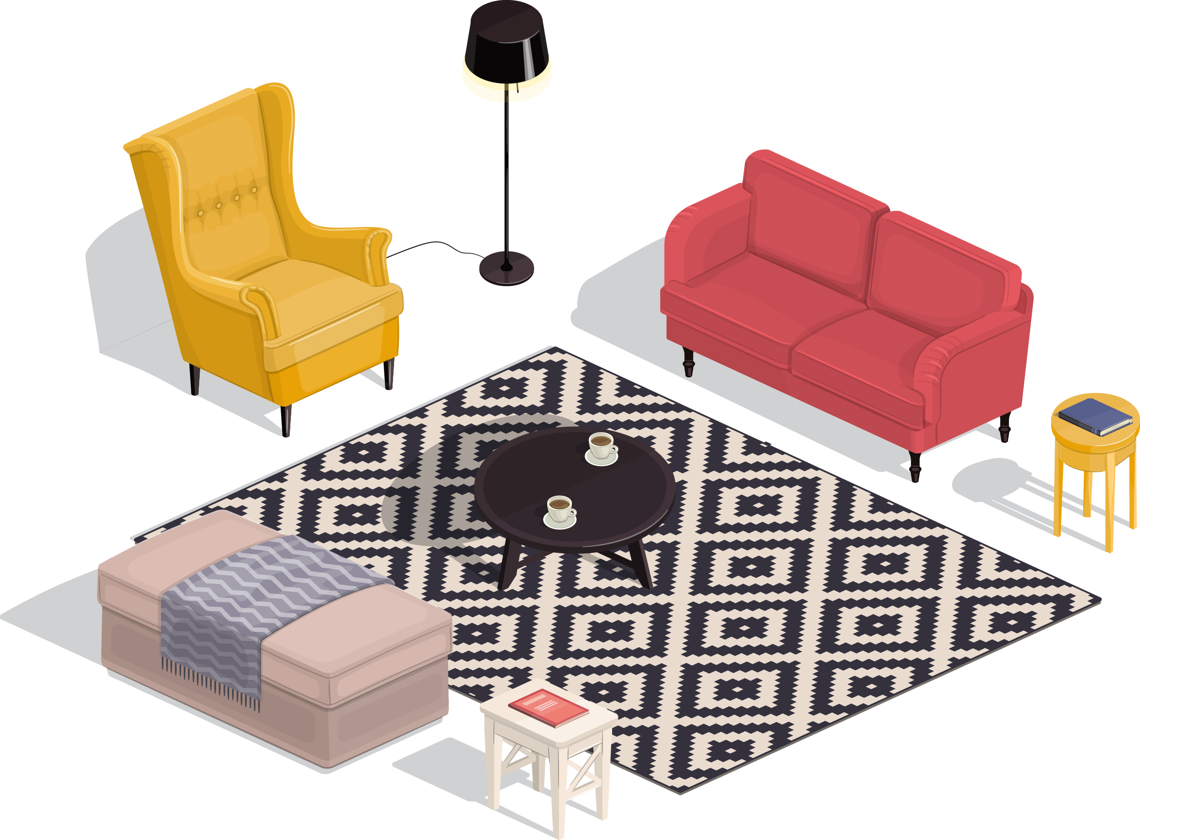 Living Room Isometric Projection Interior Design Services - Isometric Couch (2478x1732), Png Download
