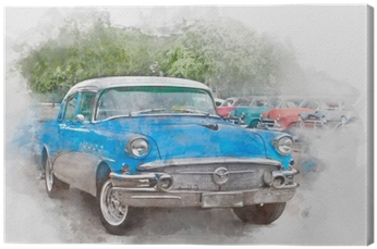 Blue Old Car In Cuba, Watercolor Canvas Print • Pixers® - Watercolor Painting (400x400), Png Download