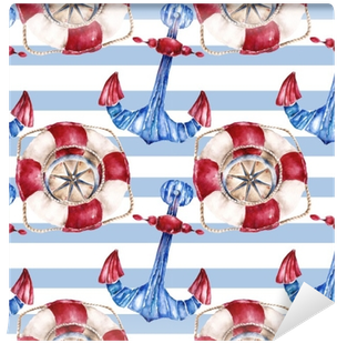 Seamless Pattern With Lifebuoy, Anchor And Compass - Watercolor Painting (400x400), Png Download