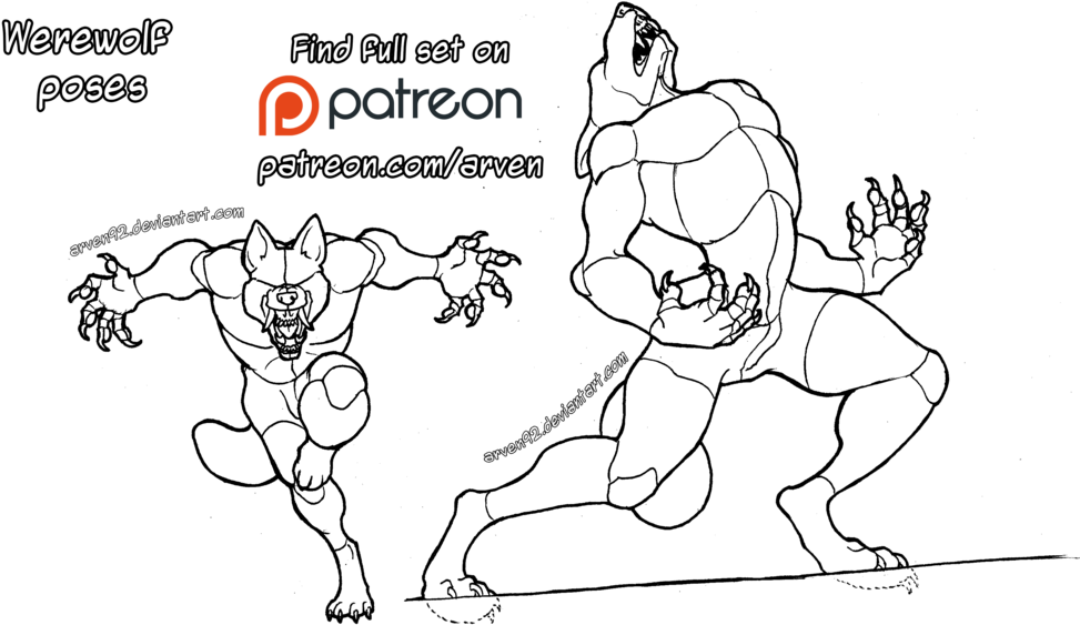 Drawing Poser Fighting Clip Art Free Library - Werewolf Poses Drawing (1024x611), Png Download